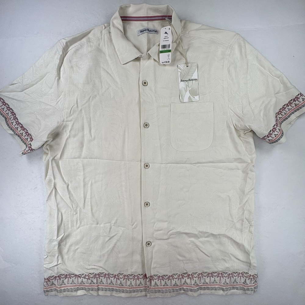 Tommy Bahama Greco Palms Shirt Mens Large Ivory Silk Jacquard Embroidered NEW